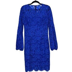ELIE TAHARI BLUE FLORAL LACE BLOUSON SLEEEVE “Shayla” DRESS SIZE 8US Ret.$498